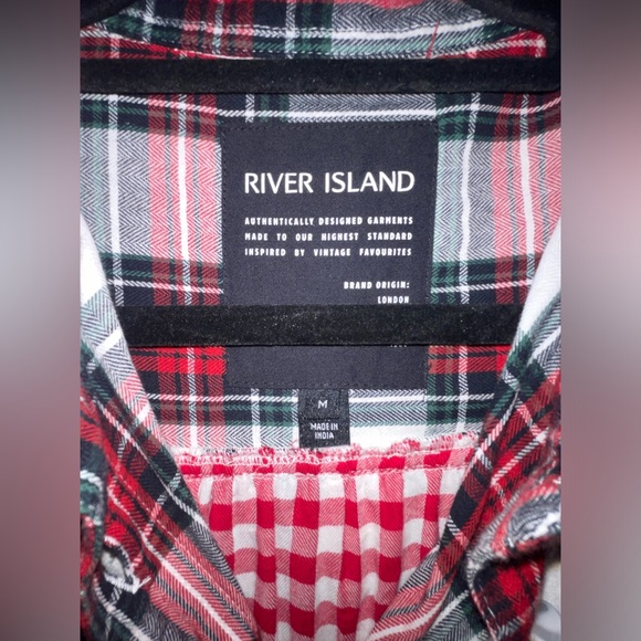 River Island Red White Green Check Plaid Oversized Pleated Flannel Shirt Sz M - Picture 9 of 9